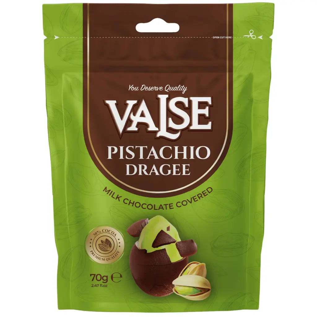 VALSE PISTACHIO DRAGEE MILK CHOCOLATE 70G