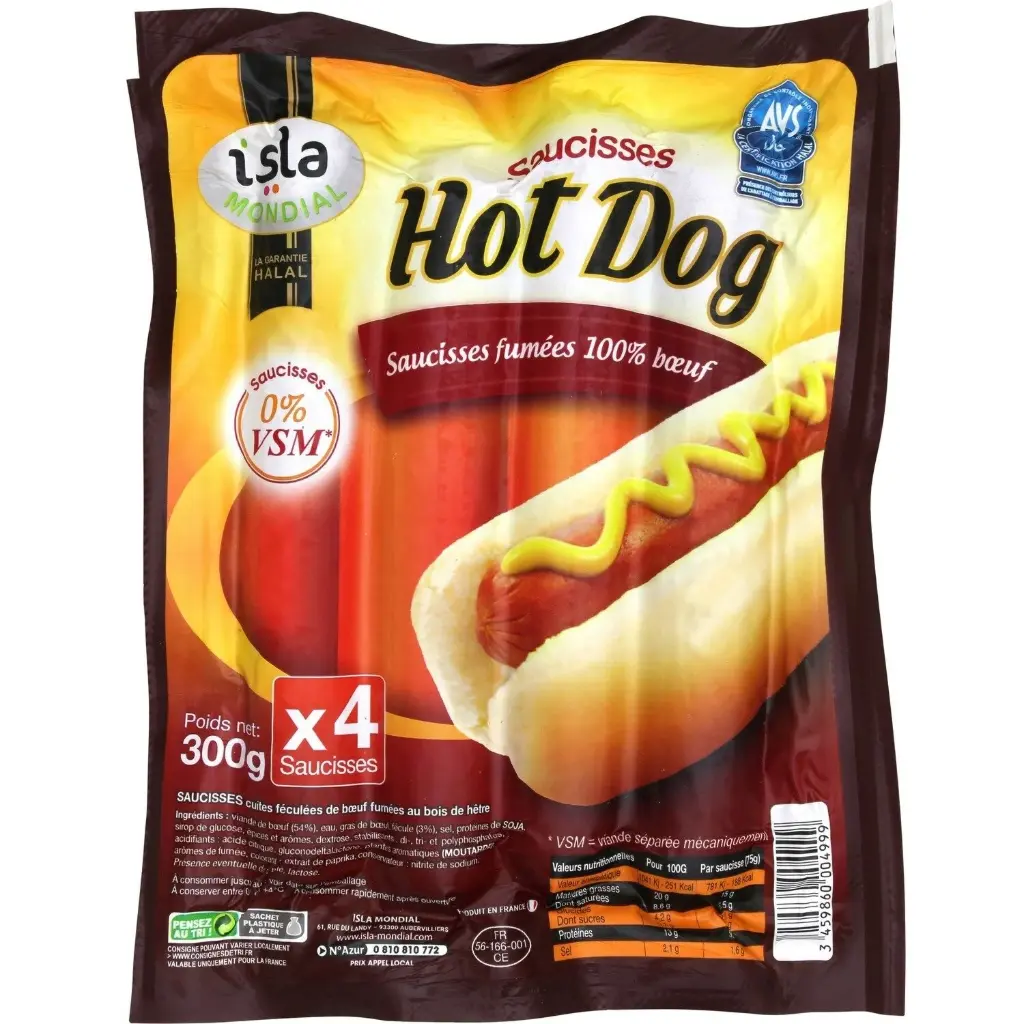 SAUCISSES HOT DOG BOEUF AVS 300G ISLA MONDIAL